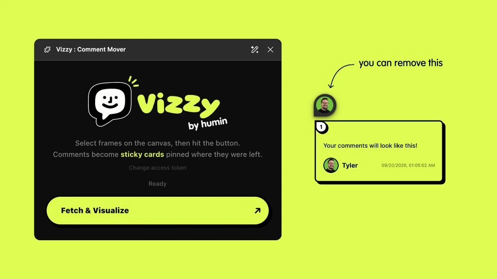 Vizzy Figma plugin UI with sticky comment cards on the canvas