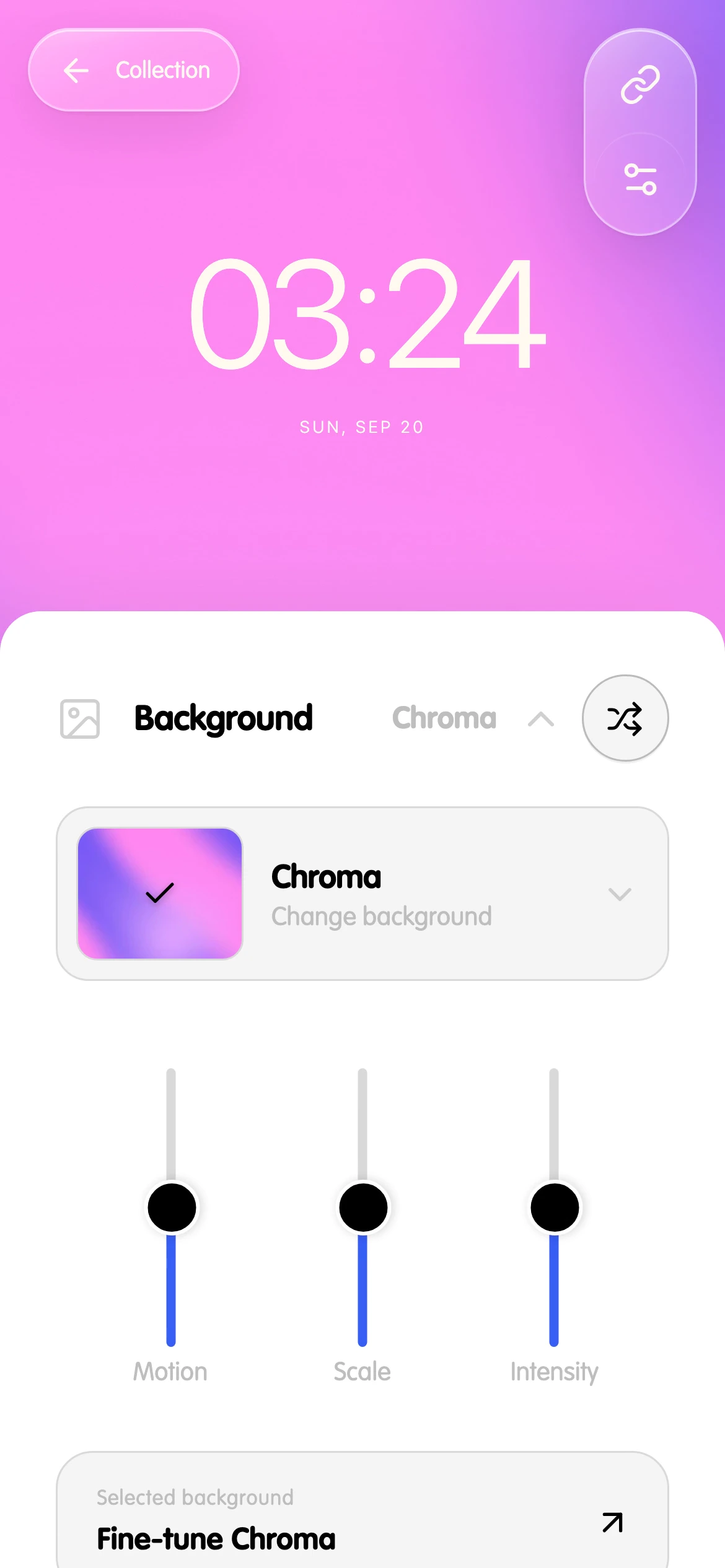Klocky editor choosing Chroma, the Fold layout, and Antonio before revealing the finished clock