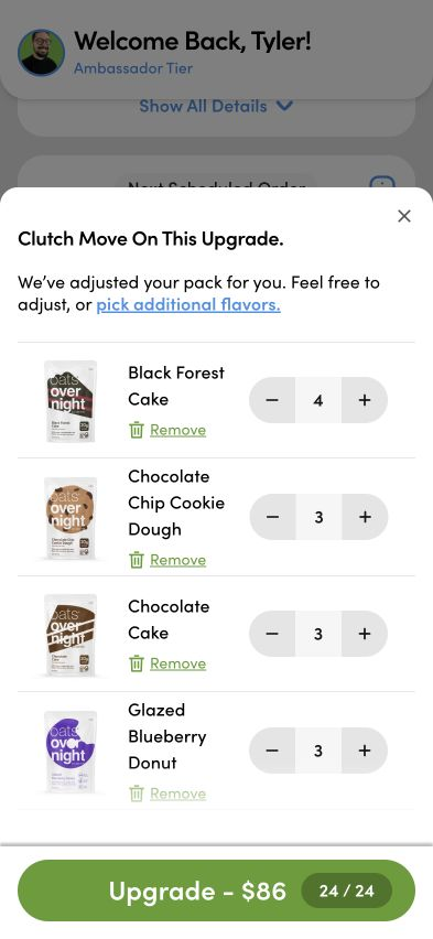 Production upgrade modal with prefilled flavors, editing controls, and 24 of 24 packs