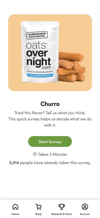 Live Churro FID survey introduction: product image, explanation of how feedback helps decisions, three-minute estimate, and 5,014 existing participants