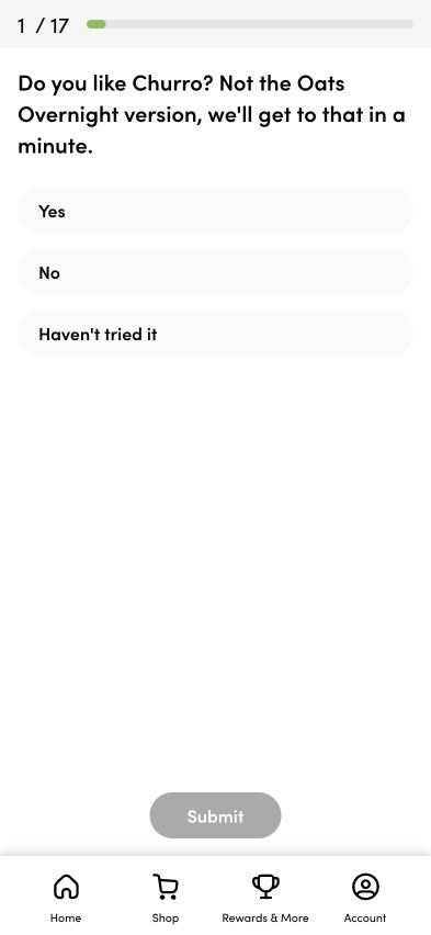 Live Churro survey question with Yes, No, and Haven’t tried it choices, question progress, and a Submit button