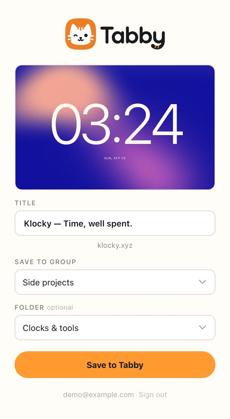 Tabby Chrome extension showing a Klocky page preview, editable title, Side projects group, and optional Clocks & tools folder