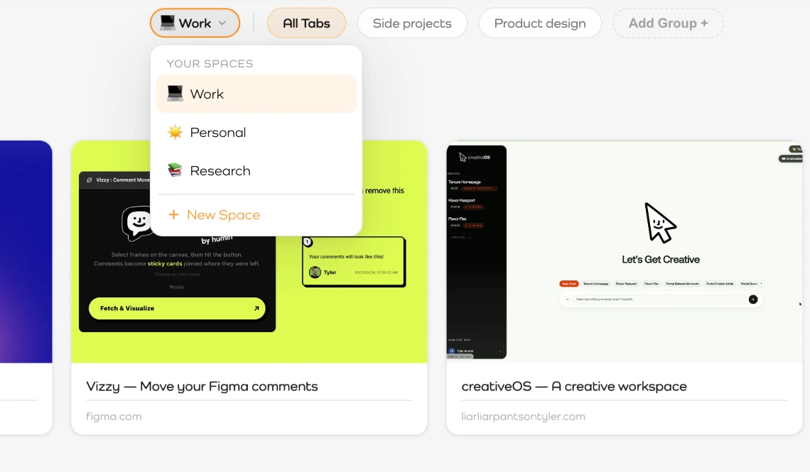 Tabby’s Spaces menu showing Work, Personal, and Research above the visual board