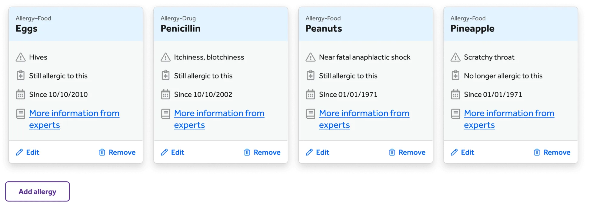 Original allergy cards where severity reads the same at a glance