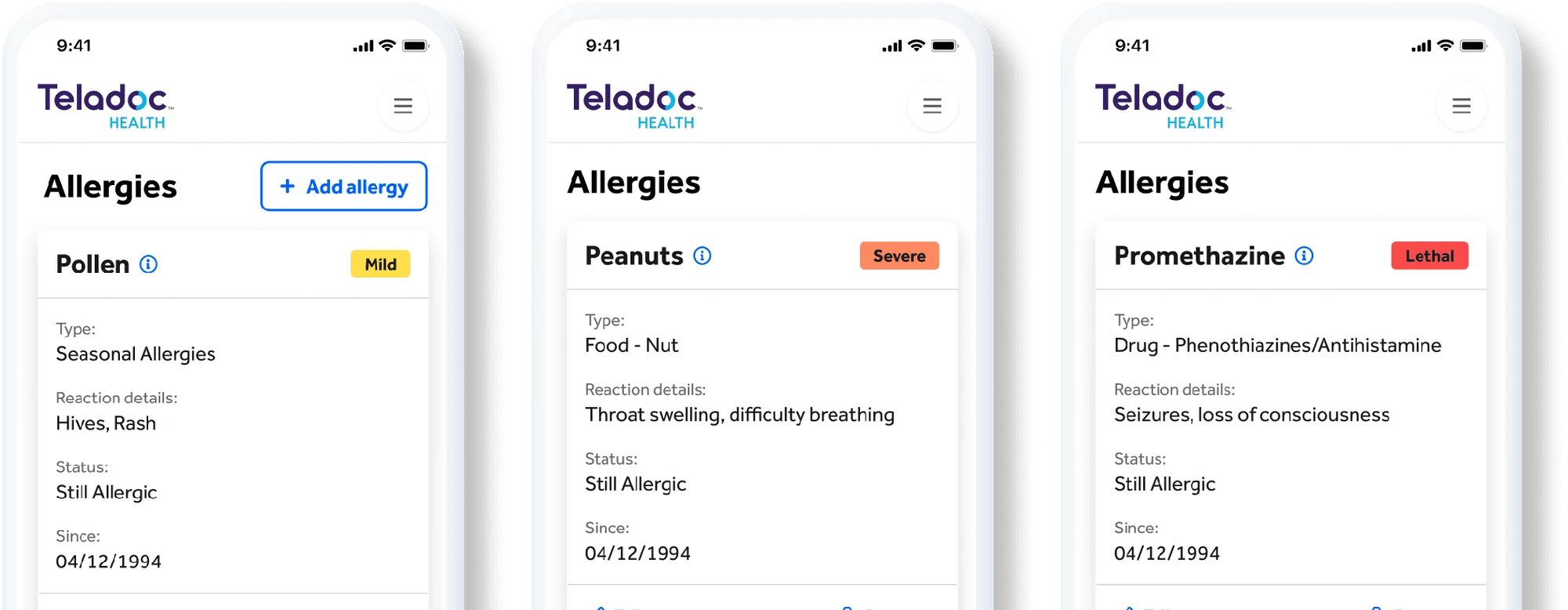 Three allergy screens with distinct mild, severe, and lethal severity labels