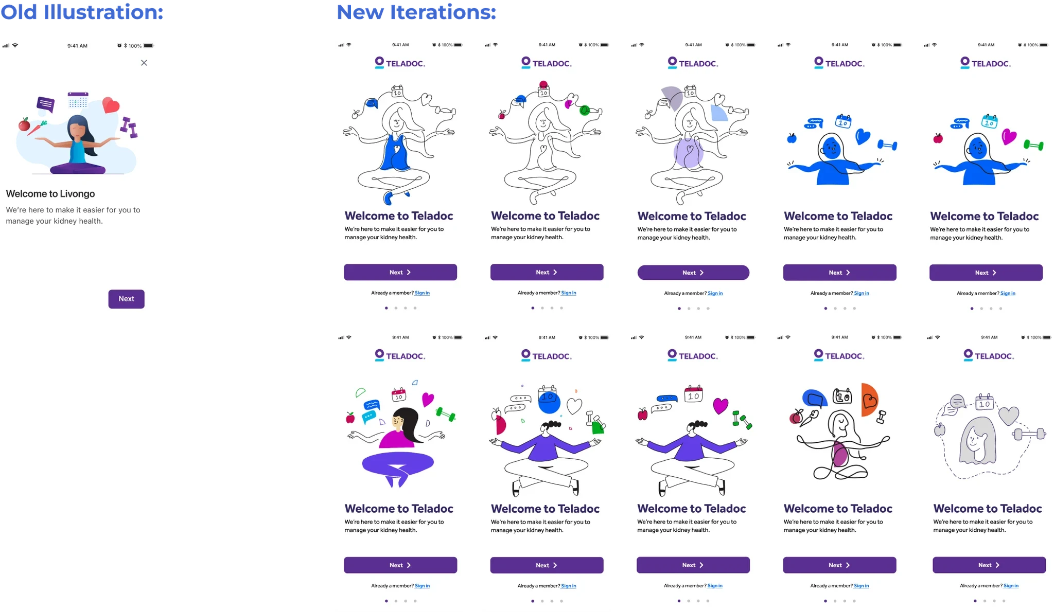 A meditation concept explored through different illustration styles in the Teladoc interface