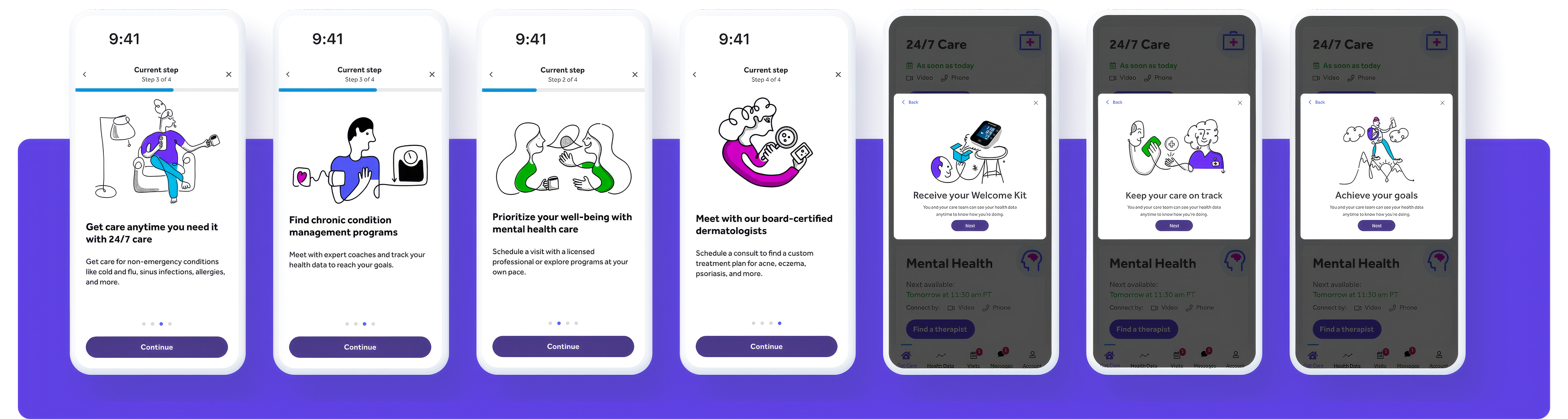 Teladoc onboarding and success screens with spot illustrations in the refreshed OneApp UI